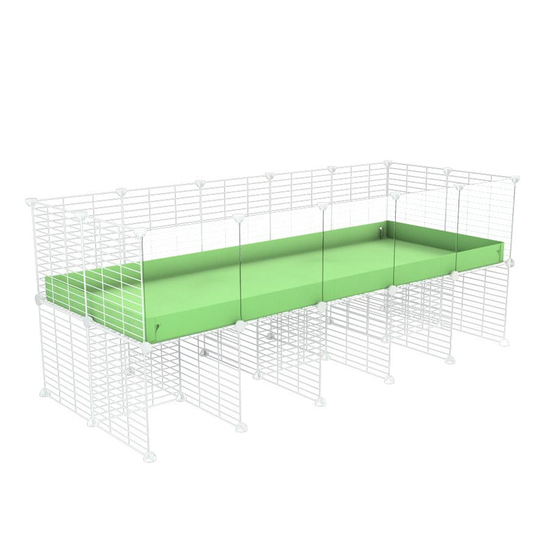 une kavee cage C&C 5x2 avec panneaux transparents en plexiglass  pour cobayes cochons d'inde avec rehausseur correx vert pistache et grilles blanches fines