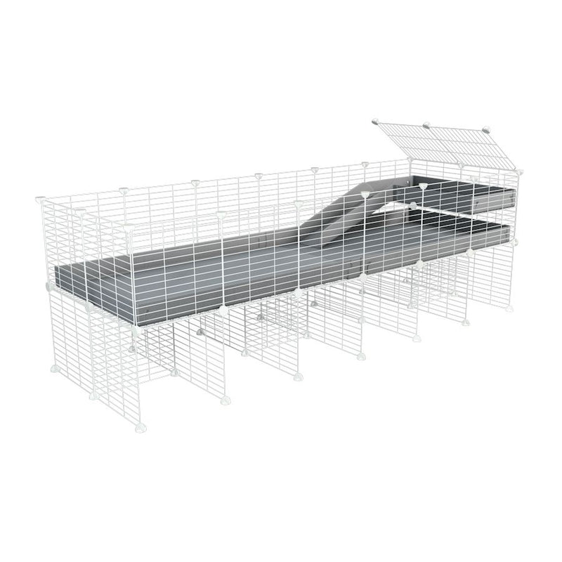une cavy cage 6x2 pour cochons d'inde avec rehausseur loft rampe coroplast gris et grilles blanches de kavee france