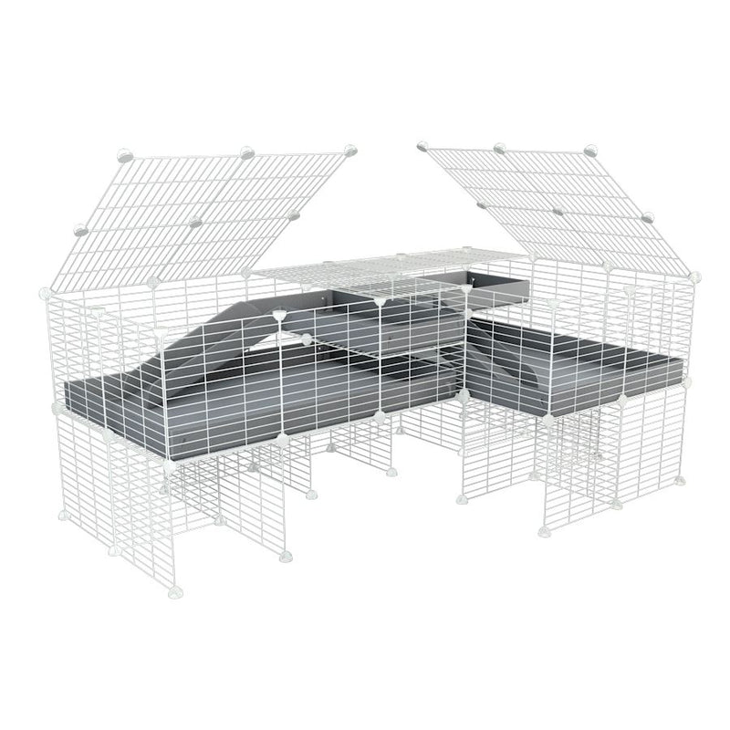 une cavy cage blanche 6x2 en L avec stand et loft avec couvercle et separation pour cochons d'inde qui se battent ou en quarantaine avec coroplast gris kavee