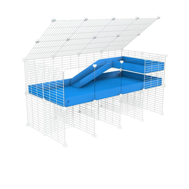 une kavee cage 4x2 avec panneaux transparents en plexiglass  pour cochons d'inde avec rehausseur couvercle loft rampe coroplast bleu et grilles blanches fines