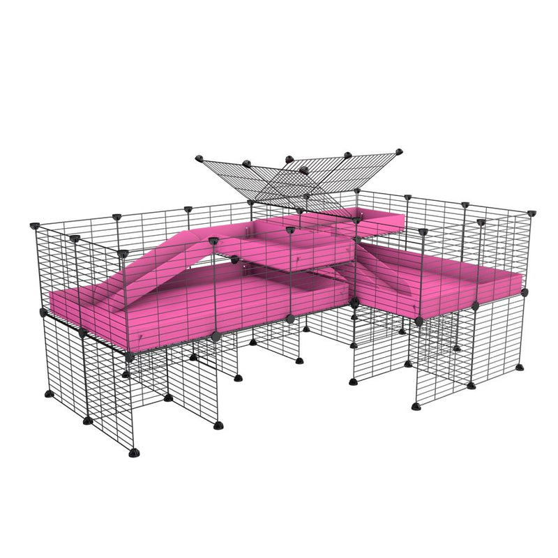une cavy cage 6x2 en L avec stand et loft avec separation pour cochons d'inde qui se battent ou en quarantaine avec coroplast rose kavee