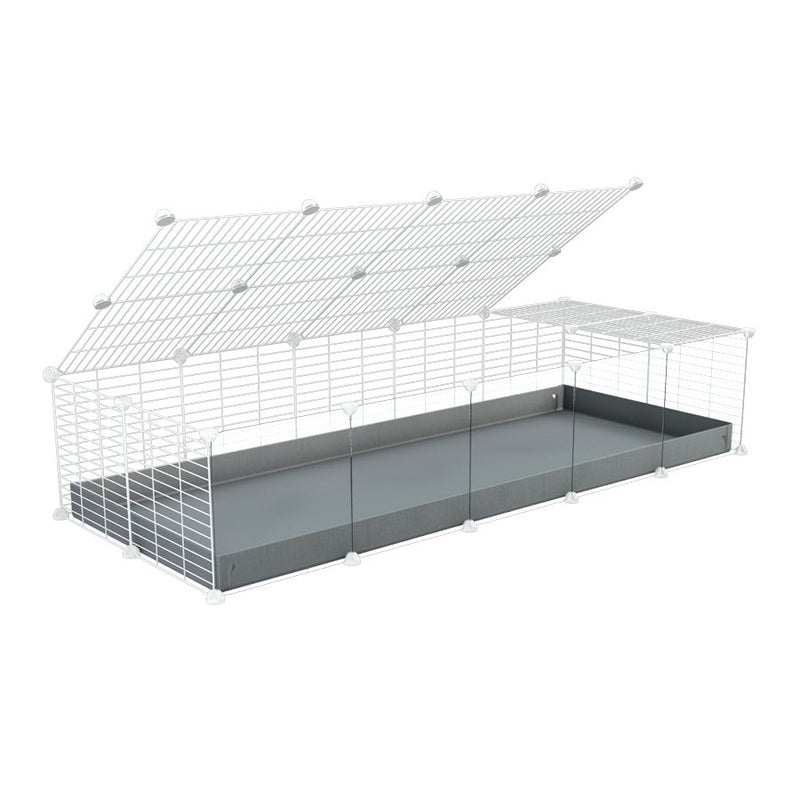 une cavy cage 5x2 avec panneaux transparents en plexiglass  pour cochons d'inde avec couvercle coroplast gris et grilles blanches avec barreaux etroits de kavee