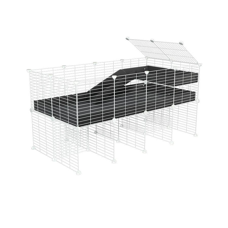 une kavee cage 4x2 pour cochons d'inde avec rehausseur loft rampe coroplast noir et grilles blanches fines
