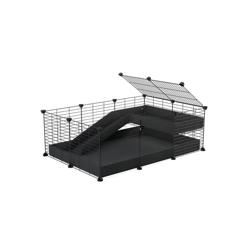 une cavy cage 3x2 avec panneaux transparents en plexiglass pour cochons d'inde avec une rampe un loft un coroplast noir et grilles fines de kavee france