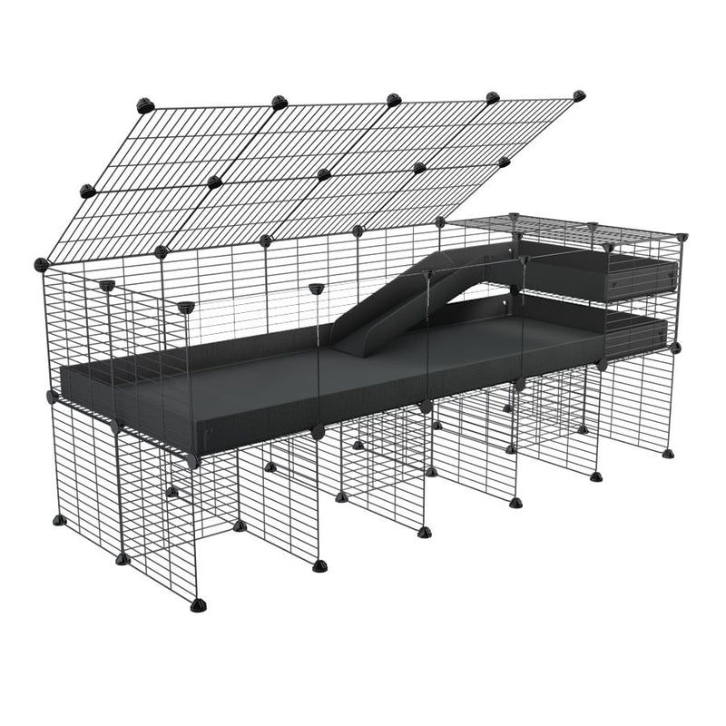 une cavy cage 5x2  avec panneaux transparents en plexiglass pour cochons d'inde avec rehausseur couvercle loft rampe coroplast noir et grilles fines de kavee