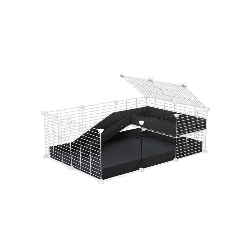 une cavy cage 3x2 pour cochons d'inde avec panneaux transparents en plexiglass avec une rampe un loft un coroplast noir et grilles blanches fines de kavee
