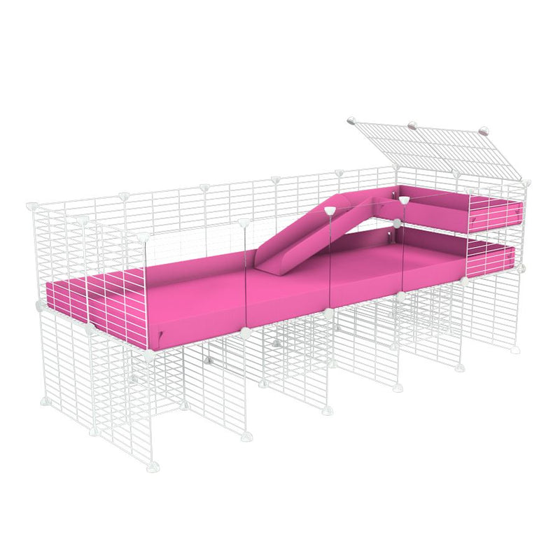 une cavy cage 5x2 avec panneaux transparents en plexiglass  pour cochons d'inde avec rehausseur loft rampe coroplast rose et grilles blanches a petits trous de kavee