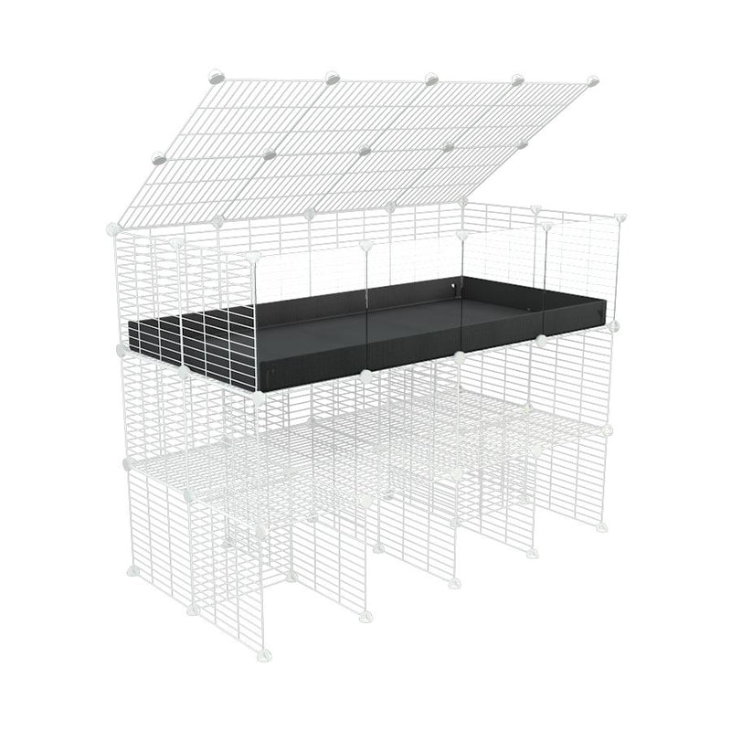 une kavee cage C&C 4x2  avec panneaux transparents en plexiglass pour cobayes cochons d'inde avec double rehausseur correx noir et grilles blanches maillage fin