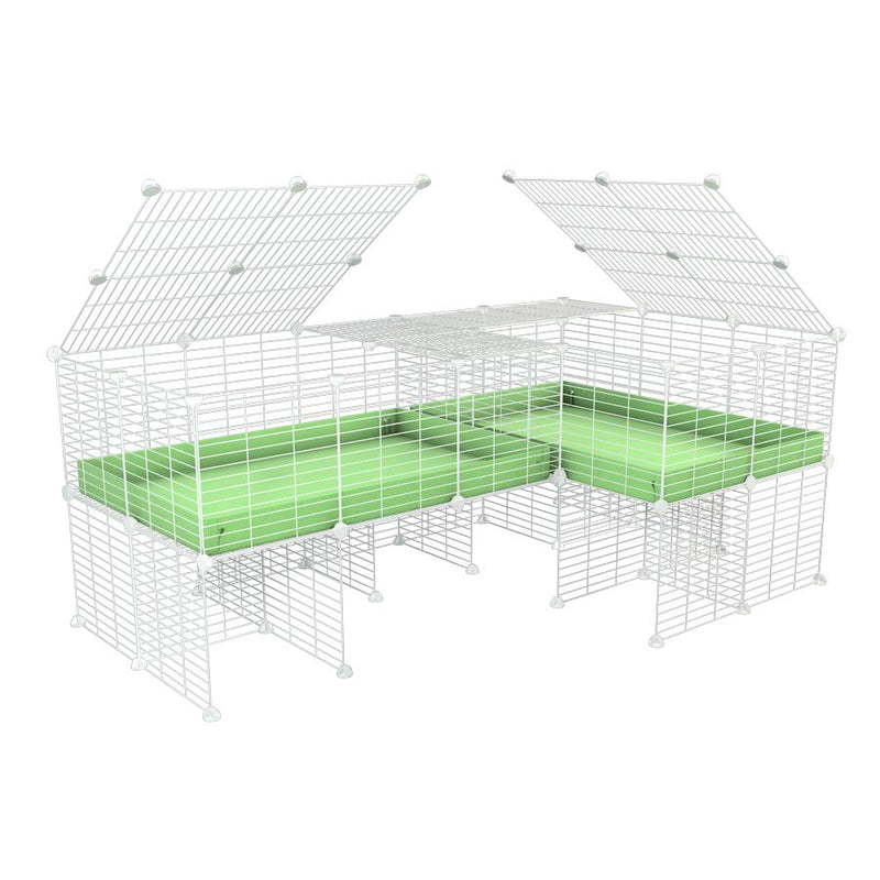 une cavy cage blanche 6x2 en L avec stand avec couvercle et separation pour cochons d'inde qui se battent ou en quarantaine avec coroplast vert kavee