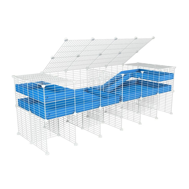 une cavy cage blanche 6x2 stand loft avec couvercle et separation pour cochons d'inde qui se battent ou en quarantaine avec coroplast bleu kavee