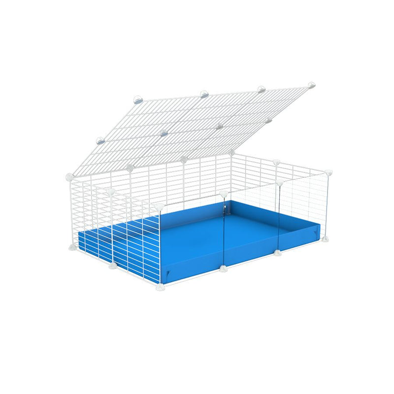 une kavee cage 3x2 pas chere cochons d'inde avec panneaux transparents en plexiglass avec couvercle coroplast bleu et grilles blanches avec barreaux etroits