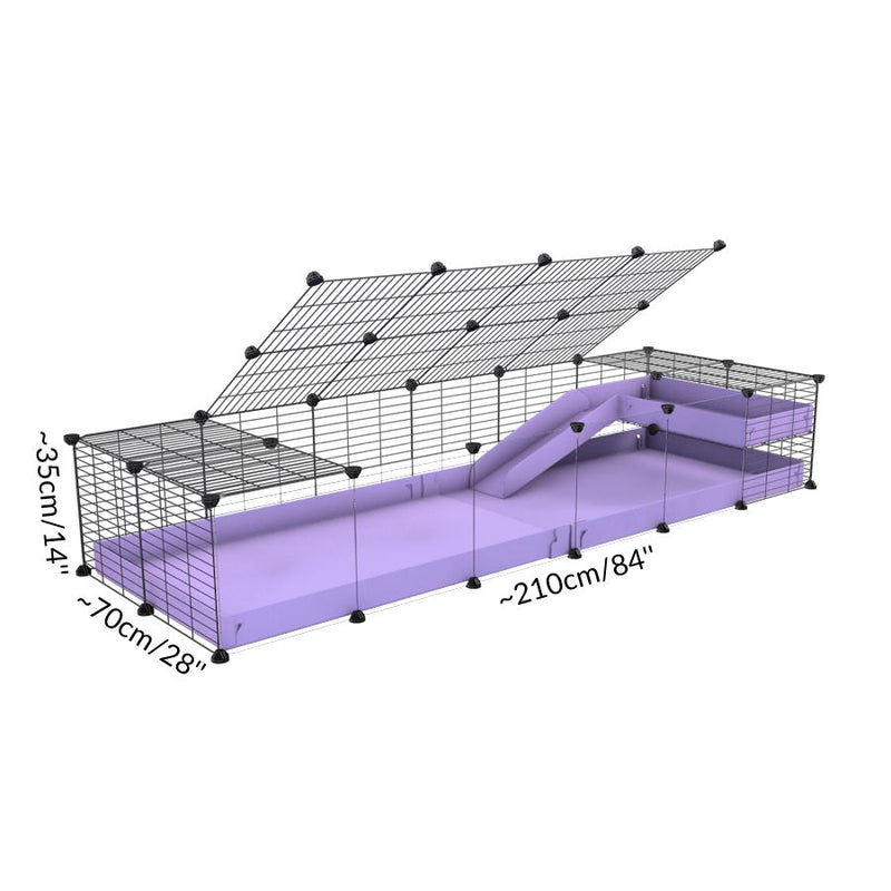 Dimension d'une cavy C&C cage 6x2  avec panneaux transparents en plexiglass pour cochons d'inde avec une rampe un loft un toit un coroplast violet mauve pastel lilas et grilles fines pour bebes
