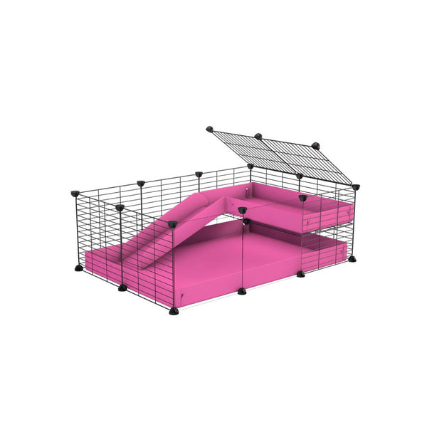 une cavy cage 3x2 avec panneaux transparents en plexiglass pour cochons d'inde avec une rampe un loft un coroplast rose et grilles fines de kavee france