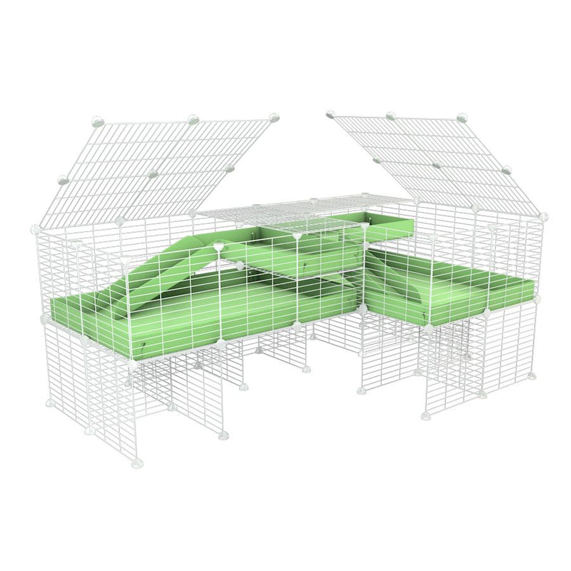 une cavy cage blanche 6x2 en L avec stand et loft avec couvercle et separation pour cochons d'inde qui se battent ou en quarantaine avec coroplast vert kavee