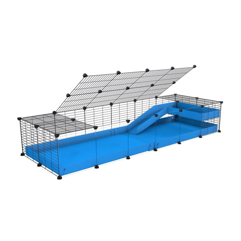 une cavy C&C cage 6x2  avec panneaux transparents en plexiglass pour cochons d'inde avec une rampe un toit un coroplast bleu et grilles fines pour bebes