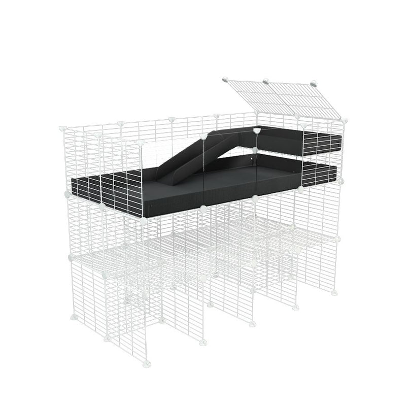 une cavy cage 4x2 pour cochons d'inde  avec panneaux transparents en plexiglass avec double rehausseur loft rampe coroplast noir et grilles blanches fines de kavee