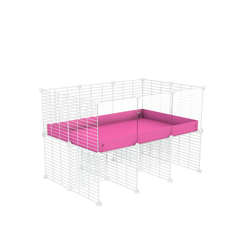 une cavy cage C&C 3x2 avec panneaux transparents en plexiglass  pour cobayes cochons d'inde avec rehausseur correx rose et grilles blanches fines de kavee france