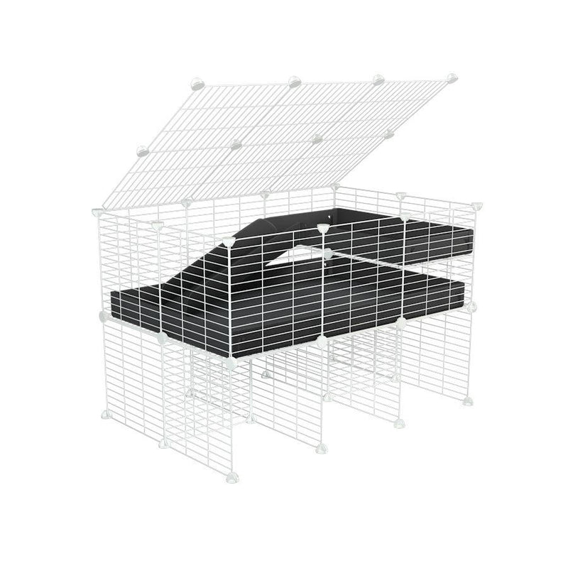 une cavy cage 3x2 pour cochons d'inde avec rehausseur couvercle loft rampe coroplast noir et grilles blanches de kavee