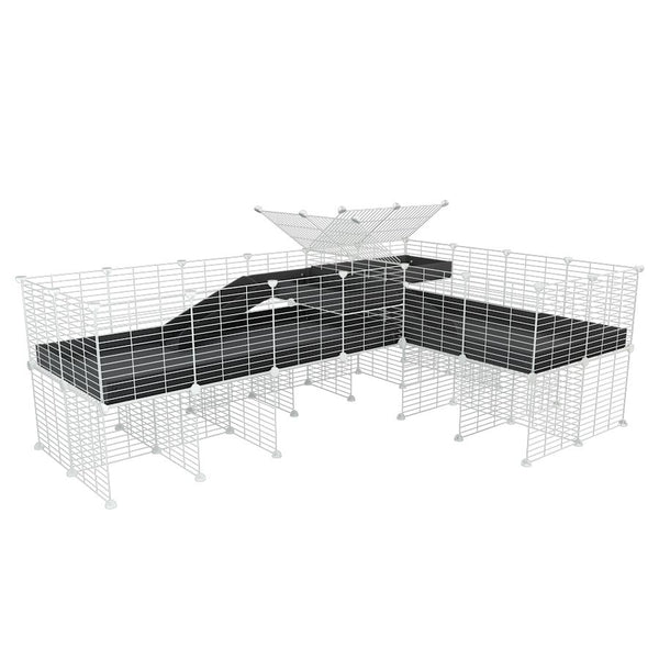 une cavy cage blanche 8x2 de coin avec stand et loft avec separation pour cochons d'inde qui se battent ou en quarantaine avec coroplast noir kavee