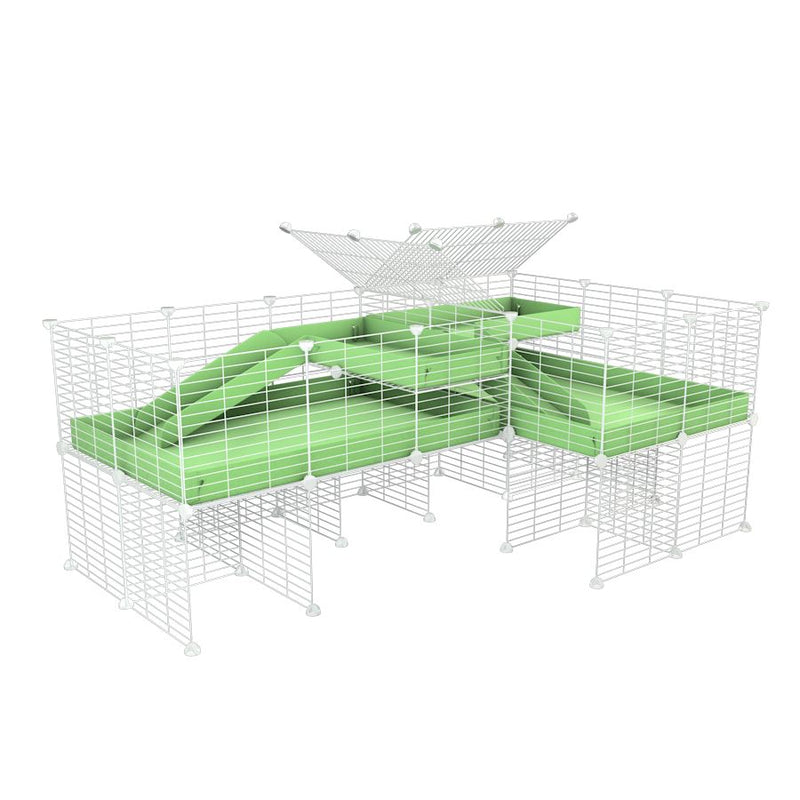 une cavy cage blanche 6x2 en L avec stand et loft avec separation pour cochons d'inde qui se battent ou en quarantaine avec coroplast vert kavee