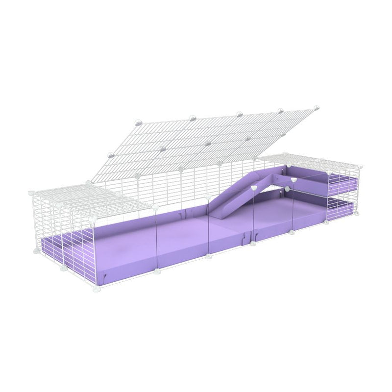 une C&C kavee cage 6x2 avec panneaux transparents en plexiglass  pour cochons d'inde avec une rampe un loft un toit un coroplast violet lilas et grilles blanches