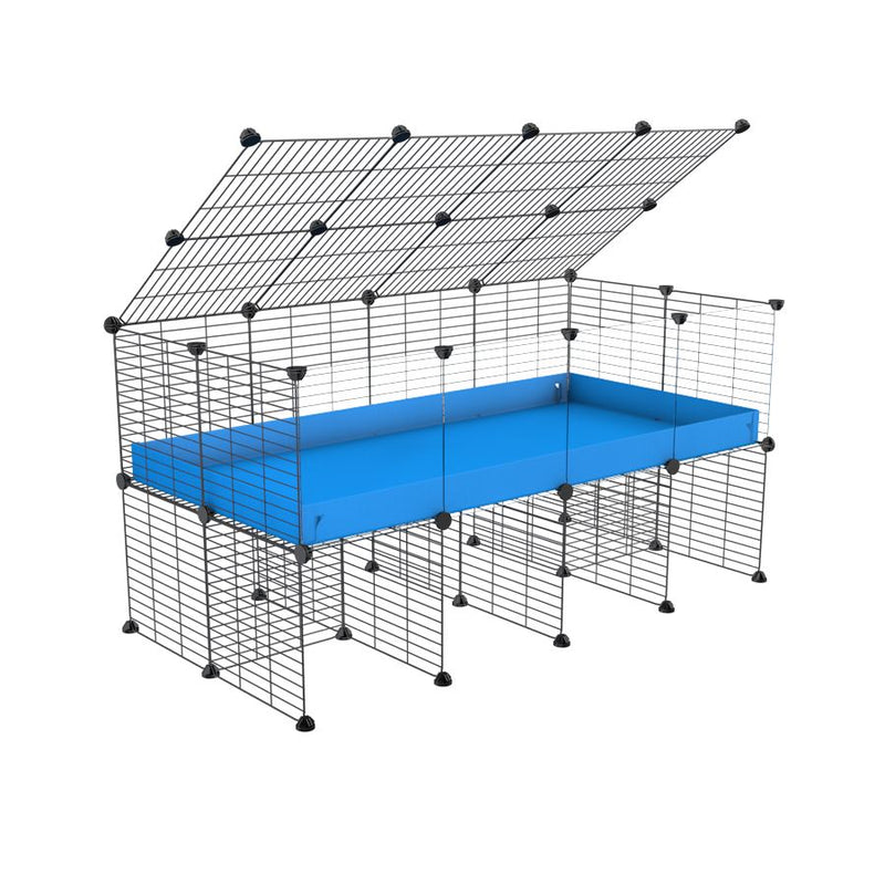 une cavy cage 4x2  avec panneaux transparents en plexiglass  pour cochons d'inde avec rehausseur couvercle correx bleu et grilles fines de kavee france