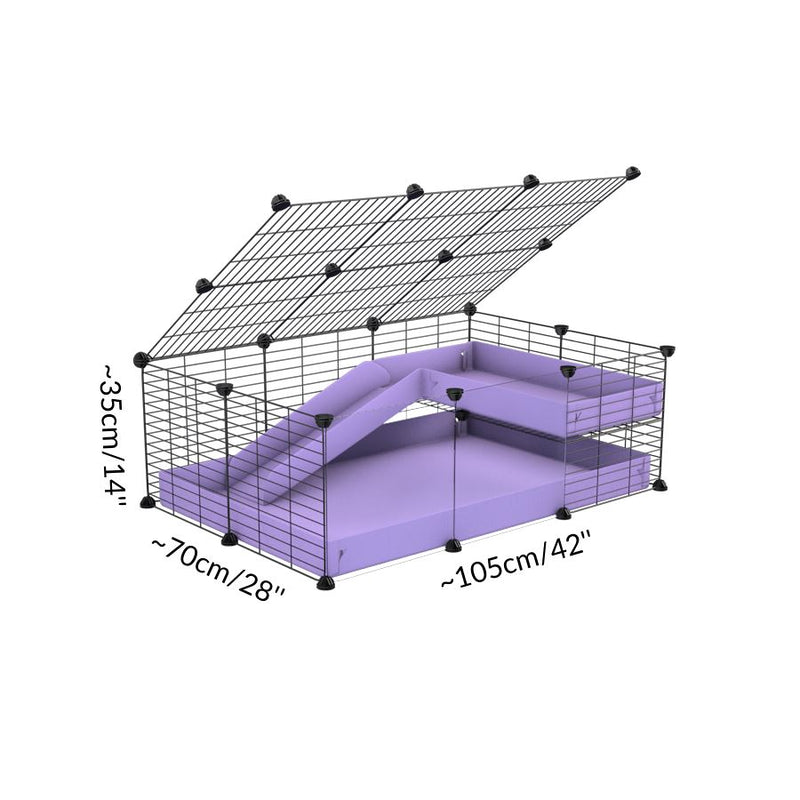 Taille d'une kavee cage 3x2 pour cochons d'inde avec panneaux transparents en plexiglass avec une rampe un loft un couvercle un coroplast violet mauve pastel lilas et grilles fines
