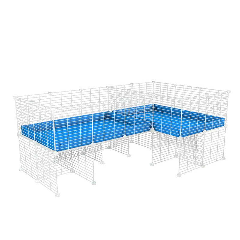une cavy cage blanche 6x2 en L avec stand avec separation pour cochons d'inde qui se battent ou en quarantaine avec coroplast bleu kavee