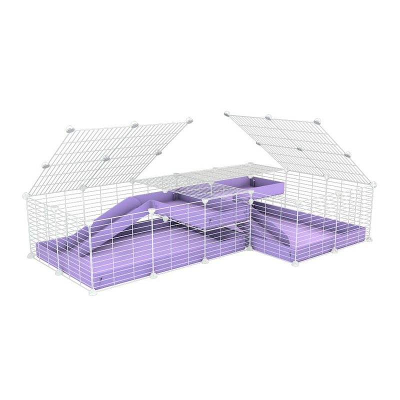une cavy cage blanche 6x2 en L avec loft avec couvercle et separation pour cochons d'inde qui se battent ou en quarantaine avec coroplast lilas violet kavee
