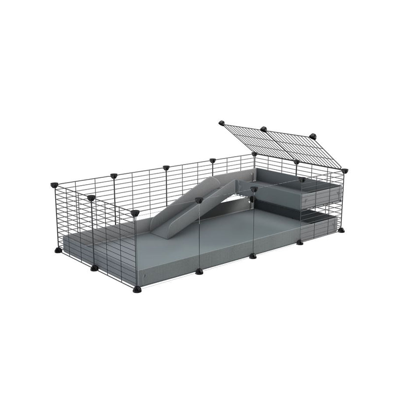 une cavy cage 4x2  avec panneaux transparents en plexiglass pour cochons d'inde avec une rampe un loft un coroplast gris et grilles fines sans danger de kavee