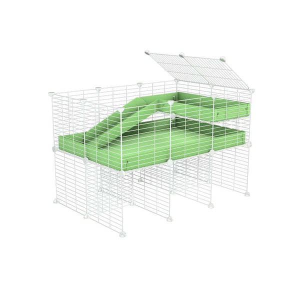 une cavy cage 3x2 pour cochons d'inde avec rehausseur loft rampe coroplast vert pistache et grilles blanches a petits trous