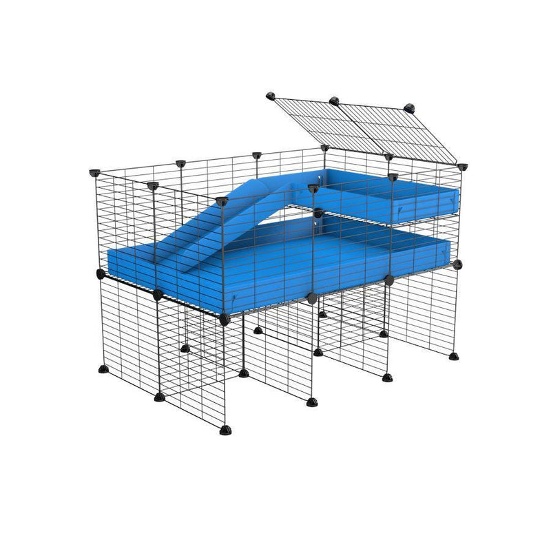une kavee cage 3x2 pour cochons d'inde avec rehausseur loft rampe coroplast bleu et grilles fines petits trous