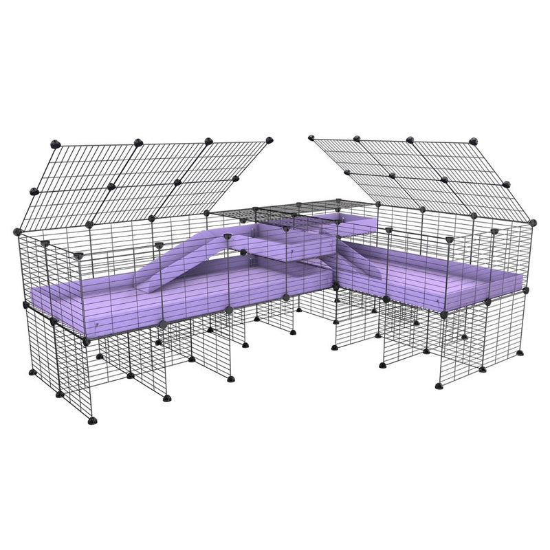 une cavy cage 8x2 de coin avec stand et loft avec couvercle et separation pour cochons d'inde qui se battent ou en quarantaine avec coroplast lilas violet kavee