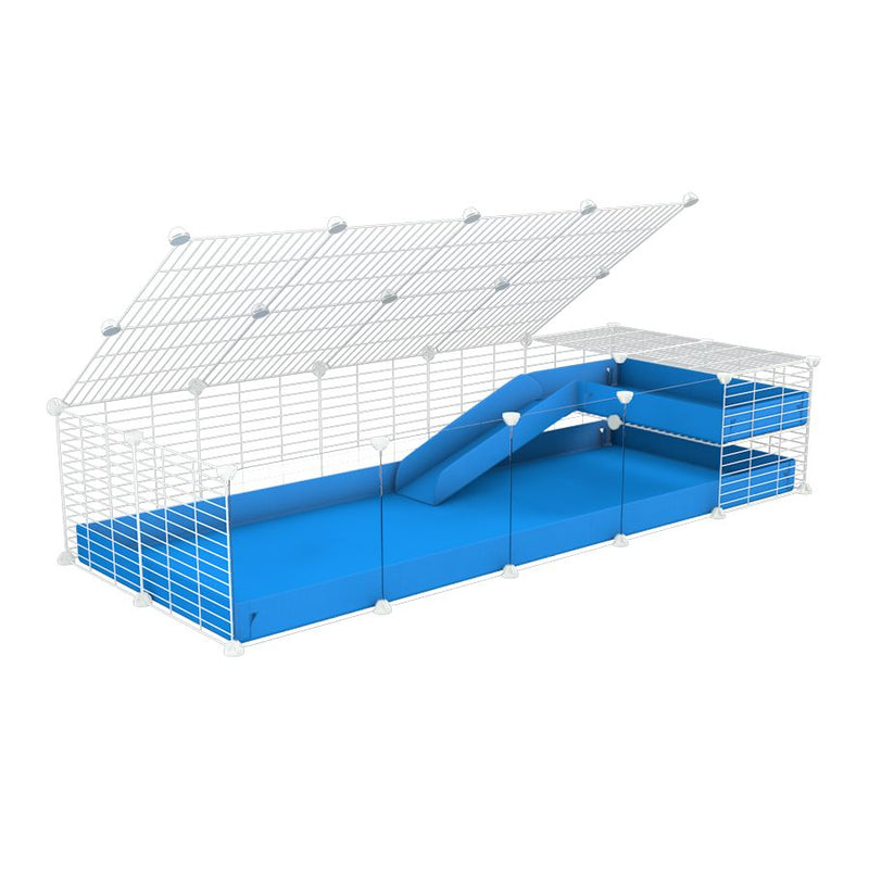 une kavee cage C&C 5x2 avec panneaux transparents en plexiglass  pour cochons d'inde avec une rampe un toit un coroplast bleu et grilles blanches fines pour bebes