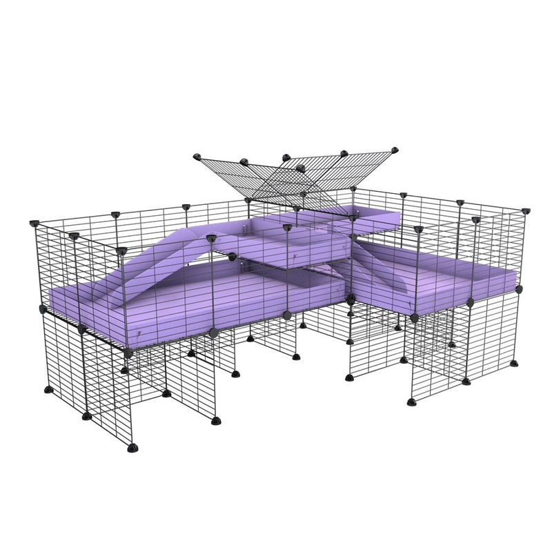 une cavy cage 6x2 en L avec stand et loft avec separation pour cochons d'inde qui se battent ou en quarantaine avec coroplast lilas violet kavee
