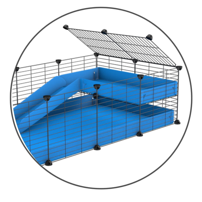 Un kit pour ajouter une rampe et un loft 2x1 a sa cavy cage kavee avec coroplast bleu et grilles sans danger