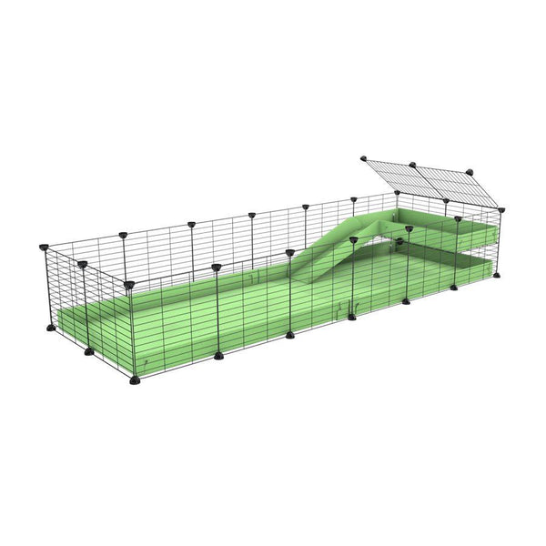 une cavy cage 6x2 pour cochons d'inde avec une rampe un loft un coroplast vert pistache et grilles fines sans danger de kavee