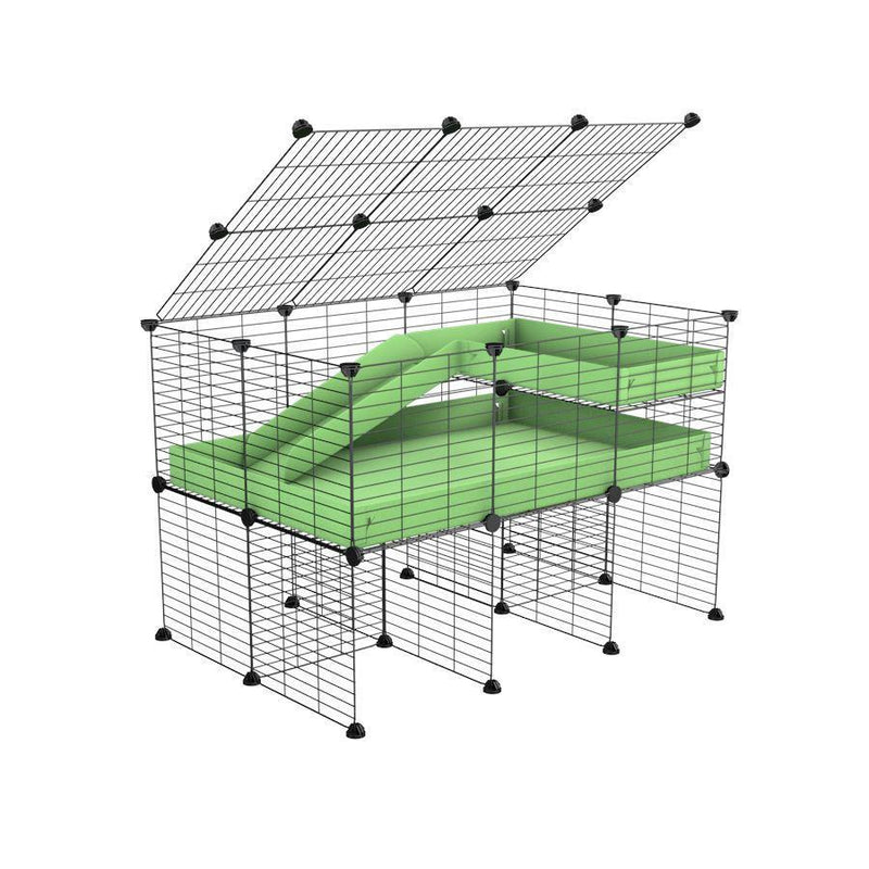 une cavy cage 3x2 pour cochons d'inde avec rehausseur couvercle loft rampe coroplast vert pistache et grilles de kavee