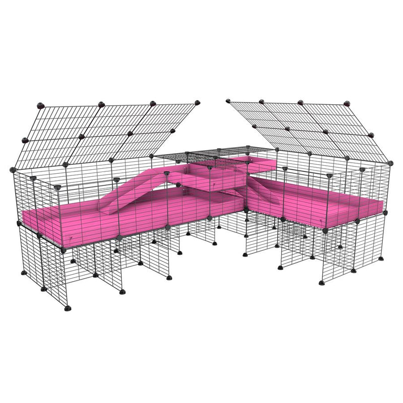 une cavy cage 8x2 de coin avec stand et loft avec couvercle et separation pour cochons d'inde qui se battent ou en quarantaine avec coroplast rose kavee