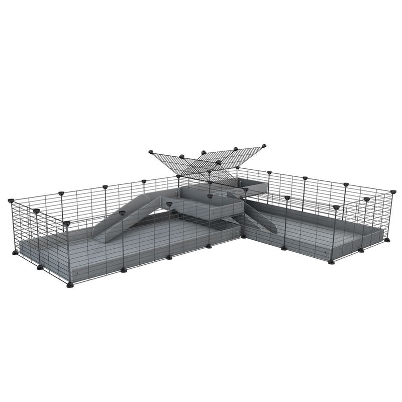 une cavy cage 8x2 de coin avec loft avec separation pour cochons d'inde qui se battent ou en quarantaine avec coroplast gris kavee