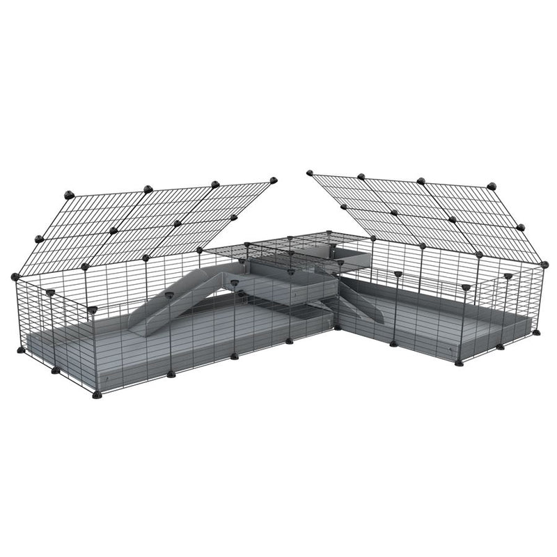une cavy cage 8x2 de coin avec loft avec couvercle et separation pour cochons d'inde qui se battent ou en quarantaine avec coroplast gris kavee