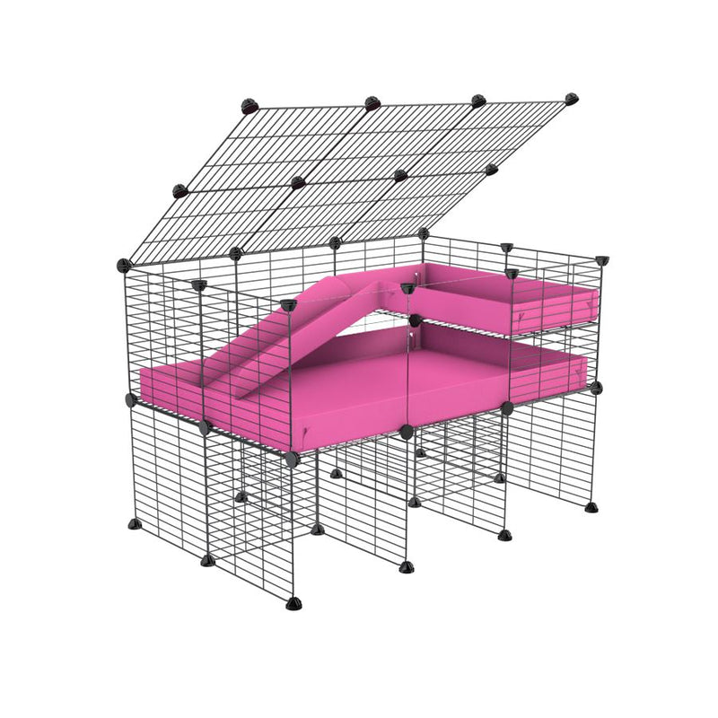 une cavy cage 3x2 avec panneaux transparents en plexiglass  pour cochons d'inde avec rehausseur couvercle loft rampe coroplast rose et grilles fines de kavee france