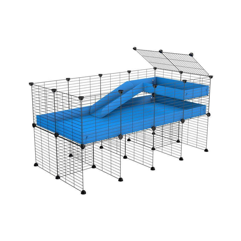 une kavee cage 4x2 pour cochons d'inde avec rehausseur loft rampe coroplast bleu et grilles fines petits trous