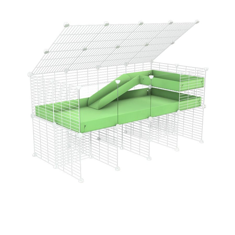 une cavy cage 4x2 avec panneaux transparents en plexiglass  pour cochons d'inde avec rehausseur couvercle loft rampe coroplast vert pistache et grilles blanches kavee