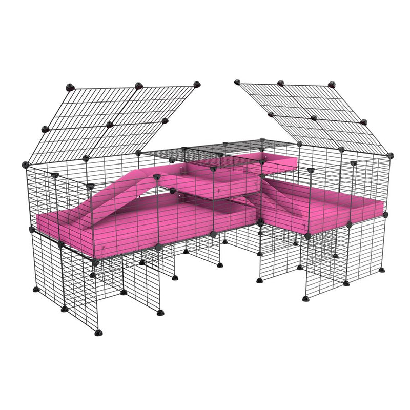 une cavy cage 6x2 en L avec stand et loft avec couvercle et separation pour cochons d'inde qui se battent ou en quarantaine avec coroplast rose kavee