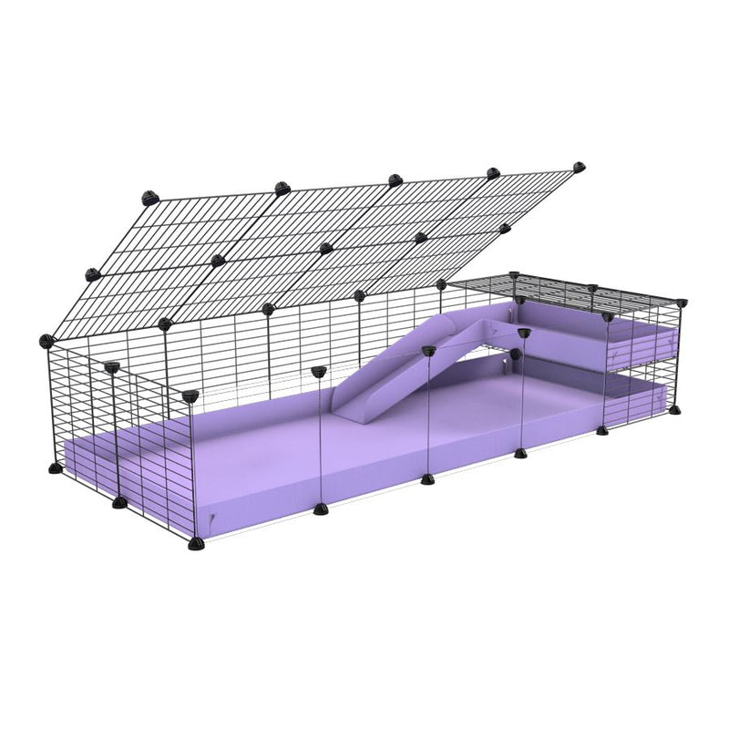 une kavee cage 5x2  avec panneaux transparents en plexiglass pour cochons d'inde avec une rampe un loft un couvercle un coroplast violet lilas et grilles pour bebes