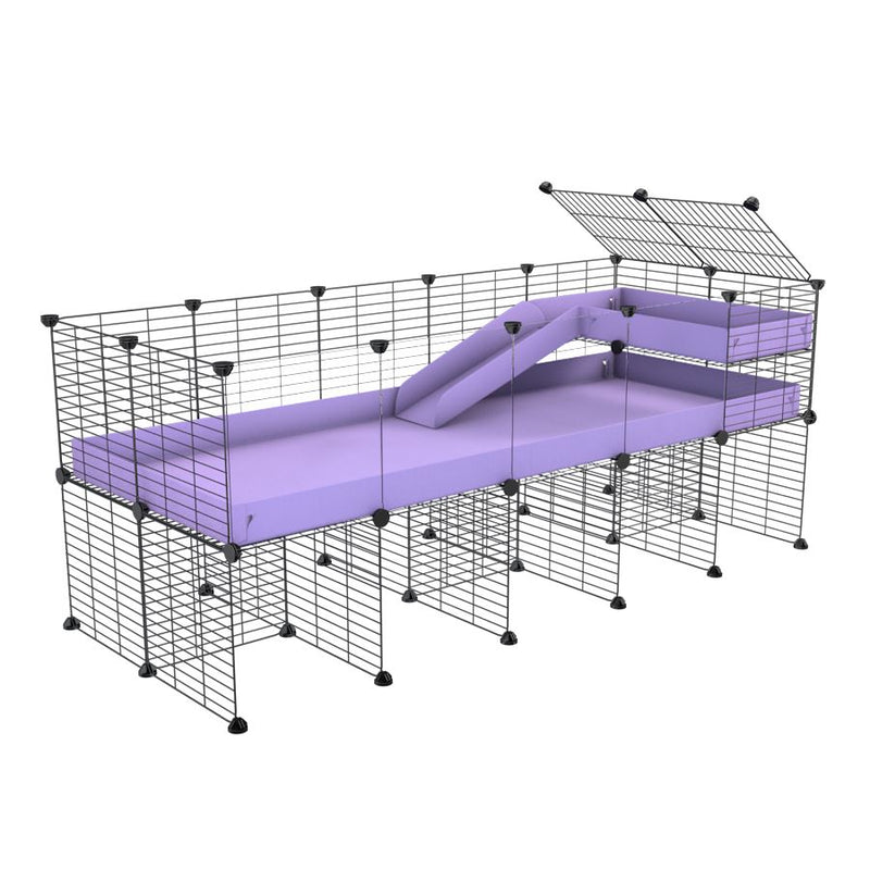 une kavee cage 5x2  avec panneaux transparents en plexiglass pour cochons d'inde avec rehausseur loft rampe coroplast violet lilas et grilles a petits trous