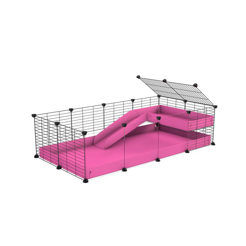 une cavy cage 4x2  avec panneaux transparents en plexiglass pour cochons d'inde avec une rampe un loft un coroplast rose et grilles fines sans danger de kavee