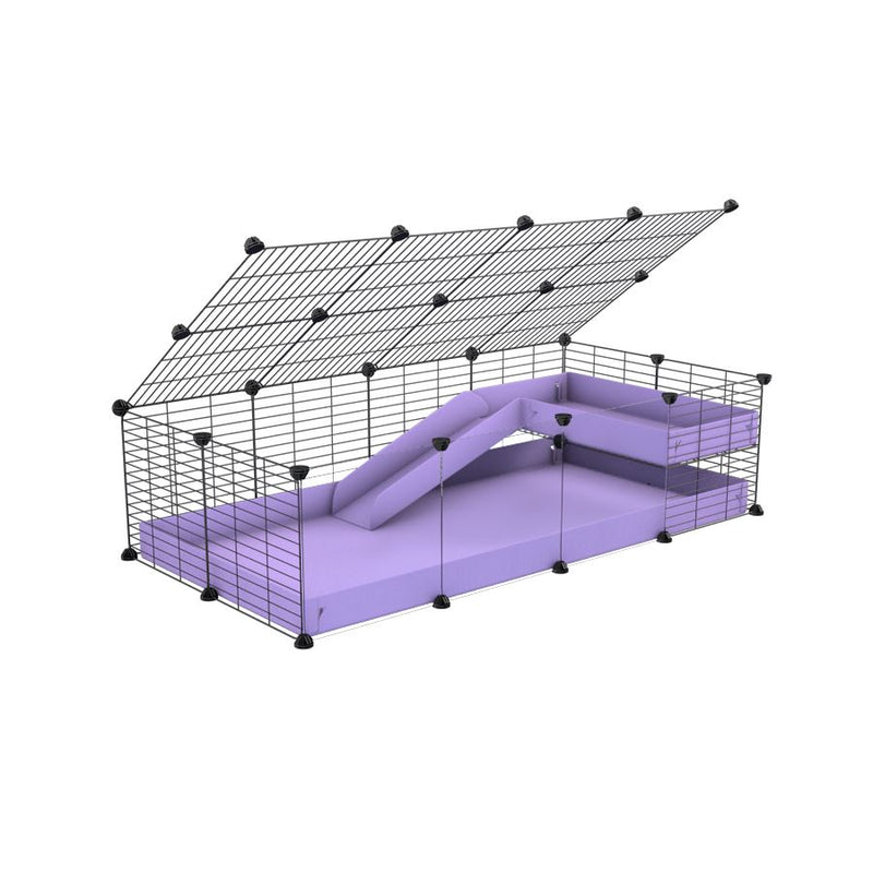 une cavy cage 4x2  avec panneaux transparents en plexiglass pour cochons d'inde avec une rampe un loft un couvercle un coroplast lilas et grilles pour bebes