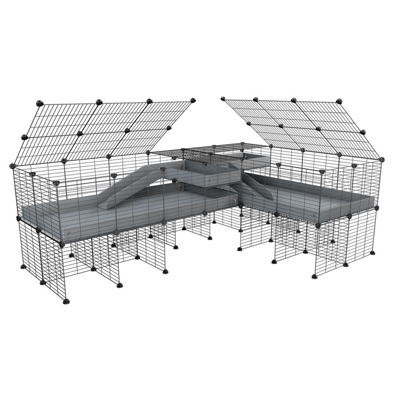 une cavy cage 8x2 de coin avec stand et loft avec couvercle et separation pour cochons d'inde qui se battent ou en quarantaine avec coroplast gris kavee